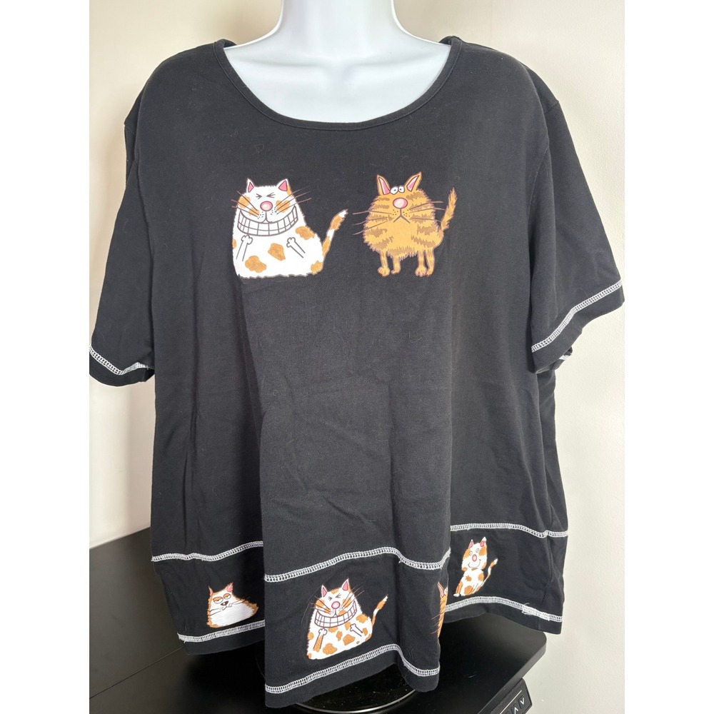 Original TY Wear Womens 3X Black Cotton Cat Graphic T-Shirt White Topstitch Tee